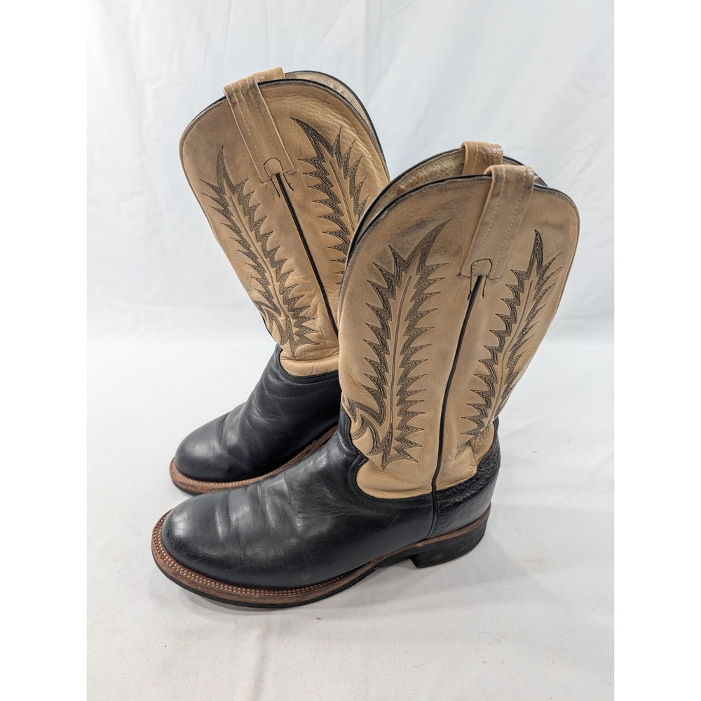Tony Lama Mens‎ 7 1/2 D 0600 calf skin bull hide heels leather Ivory Black